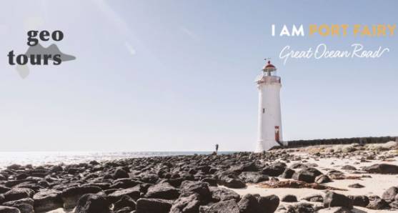 Griffiths Island lighthouse on the basalt shoreline, Geo Tours Victoria