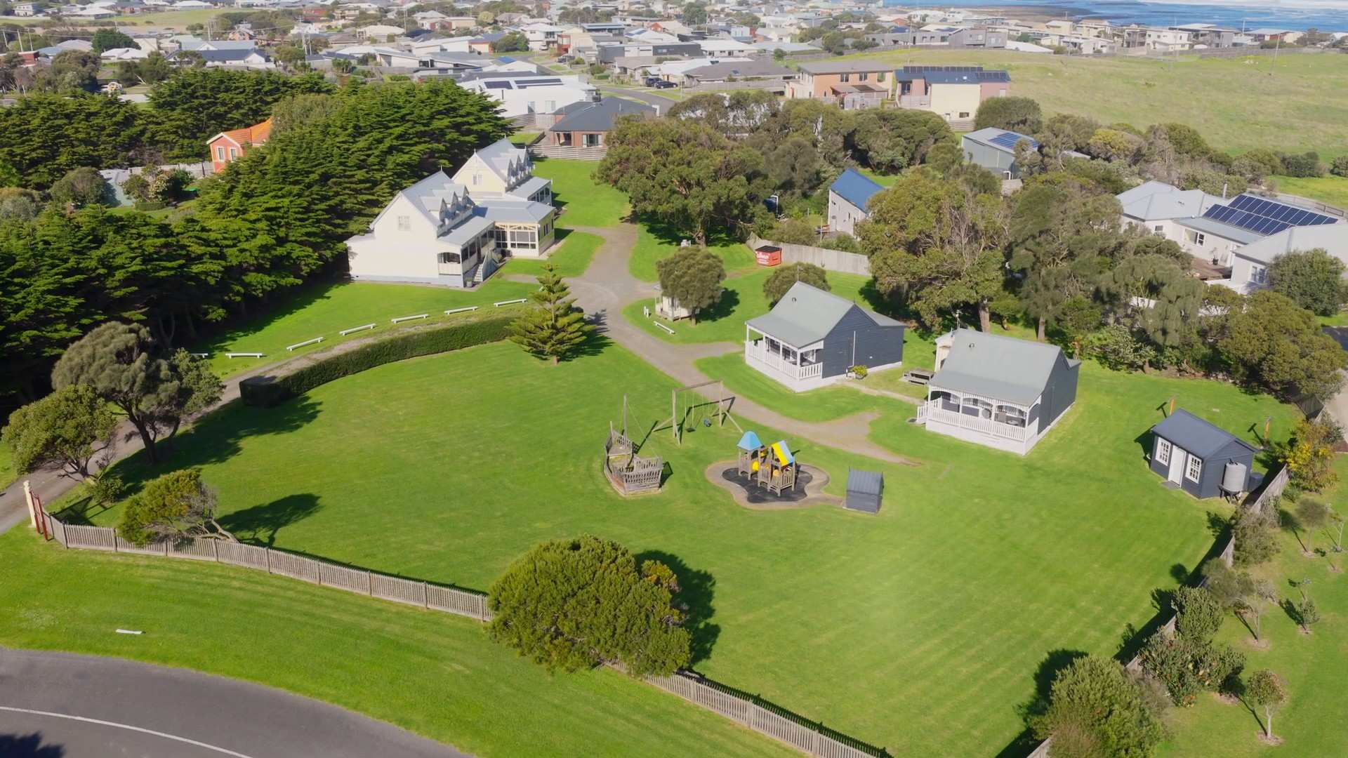 Aerial view of Ocean Ridge Retreat's villas and lawns in Port Fairy