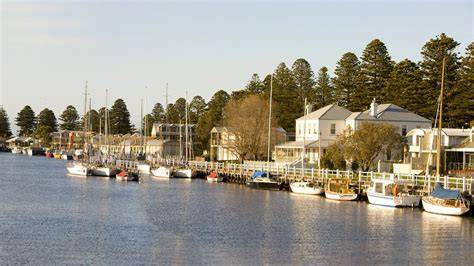 Boats moored along the Moyne River in Port Fairy